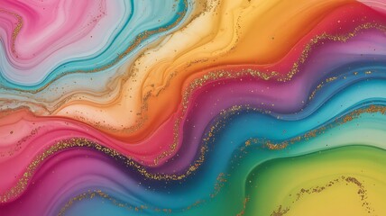 Vibrant rainbow marbled abstract background with swirling colors and gold glitter accents
