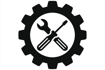 Motorcycle Gearwheel with Crossed Wrench & Screwdriver – Bold Black Silhouette Vector Illustration, Isolated on White Background; Stylized Graphic for Biker Repair, Garage Branding