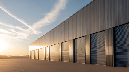 Obraz premium Golden hour bathes a modern, corrugated metal warehouse. Silhouetted trees line the horizon, contrasting with the industrial architecture. A serene sky completes the scene.