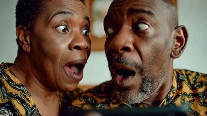 Close up of surprised Black old senior couple looking at smartphone with wide eyes and open mouths, concept for receiving exciting news
- Powered by Adobe