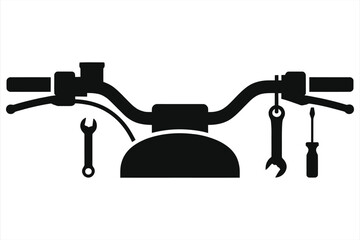 Motorcycle Handlebar with Hanging Tools (Wrenches, Screwdrivers) – Bold Black Silhouette Vector Illustration, Isolated on White Background; Stylized Graphic for Biker Repair, Garage Branding