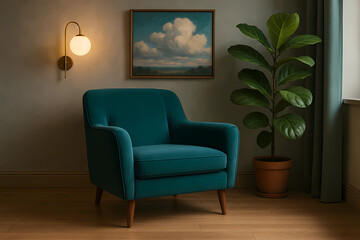 Obraz premium Teal Velvet Armchair in Cozy Modern Living Room