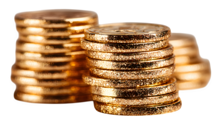 Stack of gold coins, reflective metallic shine, shallow depth for sparkle, isolated on white background