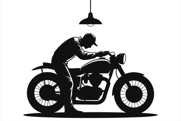 Motorcycle Mechanic Working Under Workshop Lamp – Bold Black Silhouette Vector Illustration, Isolated on White Background; Stylized Motorbike Repair Graphic for Garage Branding, Logos