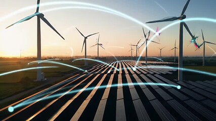 Sustainable Energy: Wind Turbines and Solar Panels Generating Renewable Power at Sunset - Powered by Adobe