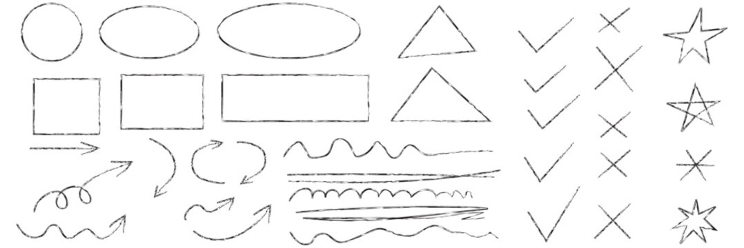 Line mark icon pack. Pencil crayon arrows, cross sign, text quote frames, stars and check emphasis elements for infographic text design. Hand drawn line check mark elements. Vector illustration