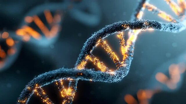 Close-up of a DNA double helix with glowing segments along the strands.