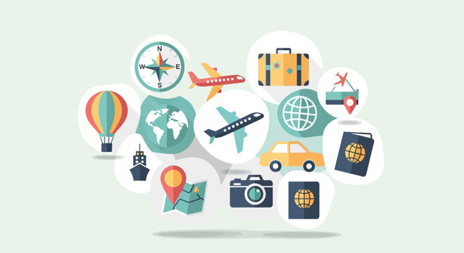 Travel and tourism concept with various related icons and symbols.