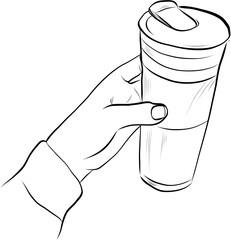 Hand holding takeaway coffee cup sketch illustration