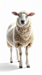 Fototapeta premium A single fluffy white sheep standing and looking forward on a white background.