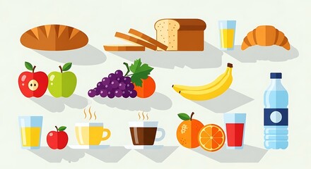 Healthy Breakfast Food Assortment - Bread, Fruits, and Beverages.
