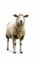 Fototapeta premium A single fluffy domestic sheep standing on an isolated white background.