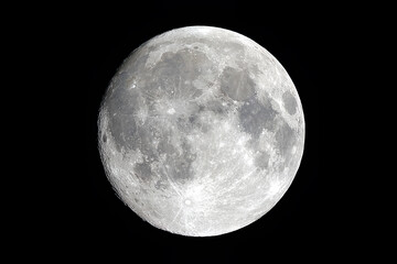 Harvest Moon – Full Moon Astrophotography Showing Detailed Lunar Surface, Craters, and Mare Against Black Sky