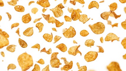 Potato chips falling, golden deep fried chips, isolated on white background