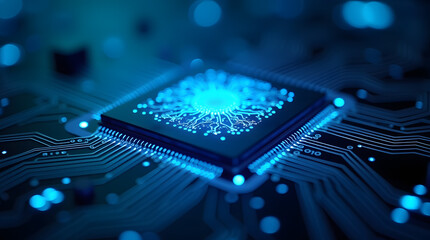 Glowing Blue Microchip on Circuit Board