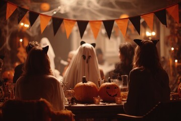 Fototapeta premium Vintage-inspired Halloween party scene with classic ghost sheet costume, devil horns, cat ears, and retro bunting decor, warm cozy tone, soft film grain texture, copy space for design