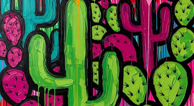 Brightly colored prickly pear cacti with dripping paint cactus green