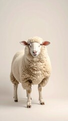 Fototapeta premium A single fluffy white domestic sheep standing against a plain studio background.