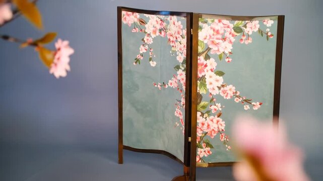 A three-panel folding screen adorned with a cherry blossom motif, set against a calming blue backdrop