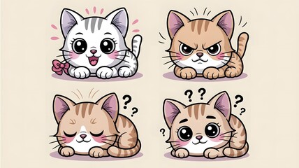 Obraz premium A set of four digital stickers in a kawaii style depicting adorable cartoon cats exhibiting a range 