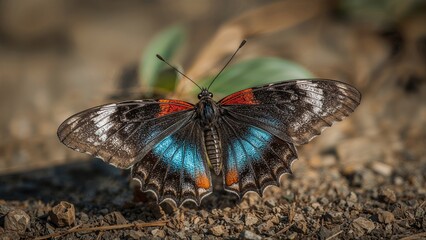 Obraz premium Short-tailed Gossamerwing (Bayadera brevicauda Fraser, 1928) showcasing vibrant blue and black wings with red accents.