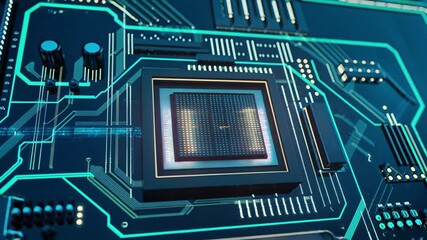 Futuristic digital circuit board with glowing neon blue lines and a central processor chip glowing with - Powered by Adobe