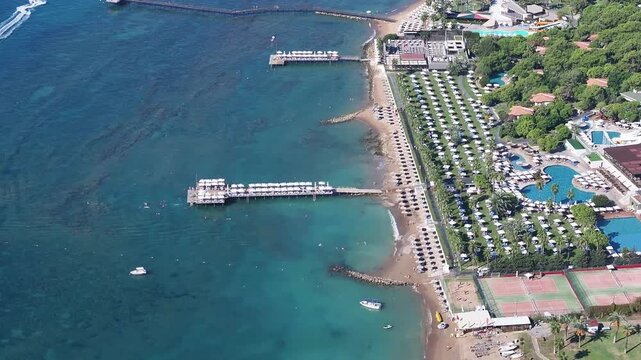 Summer Season in the Antalya Beach Drone Video, Mediterranean and Aegean Summer Holiday Beaches, Belek Antalya, Turkiye (Turkey) 