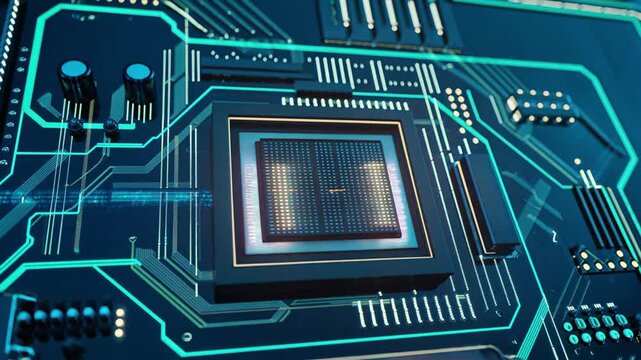 Futuristic digital circuit board with glowing neon blue lines and a central processor chip glowing with - Powered by Adobe