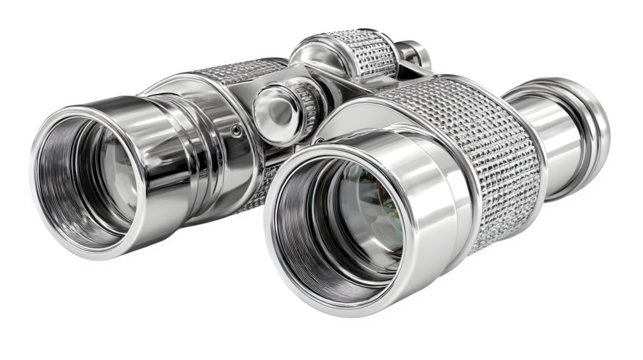 Stylized binoculars, simplified graphic detail, clean modern design, isolated on white background