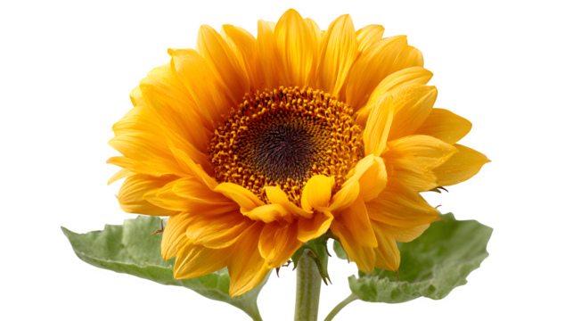 Sunflower bloom, golden petal detail with pollen center, daylight lighting, isolated on white background