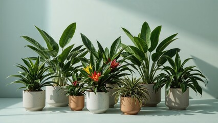 Obraz premium Tropical flower pots featuring vibrant green and yellow foliage are arranged together with lush plants in different pots.