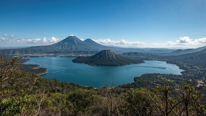 View of Mountains and Inactive Volcanoes overlooking a Clear Blue Lake