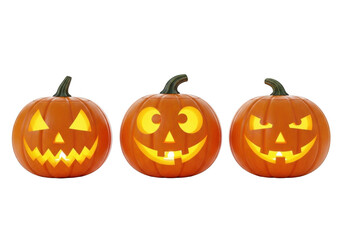 Fototapeta premium Three carved halloween pumpkins isolated on transparent background