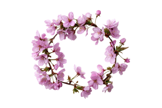 Pink cherry blossom branches arranged in a circular wreath on black flowers floral, Png, Isolated on Transparent Background, Cut Out - Powered by Adobe