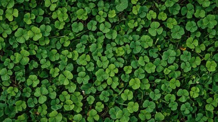 A low lying fresh green clover patch with trifolium, the three-leaf shape plant, symbolizing good luck in Irish outdoor pasture foliage and lush emerald lawn carpet.