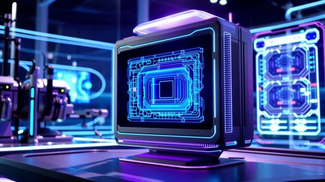 Futuristic computer monitor displaying glowing blue circuit board schematic in a neon-lit laboratory