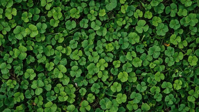A low lying fresh green clover patch with trifolium, the three-leaf shape plant, symbolizing good luck in Irish outdoor pasture foliage and lush emerald lawn carpet.