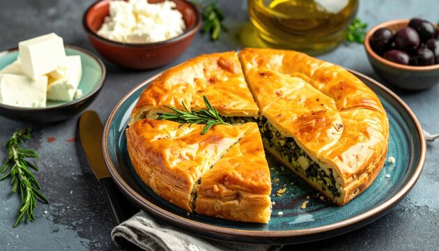 Golden Spinach Pie Platter with Creamy Cheese and Olive Garnish