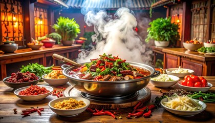 Obraz premium Spicy Sichuan Hotpot with Fresh Ingredients and Aromatic Steam