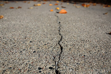 Close-up, low-angle view of a crack in textured concrete. Natural processes, freeze thaw, politics, infrastructure, division. Home driveway sealing maintenance or abstract banner with copy space.