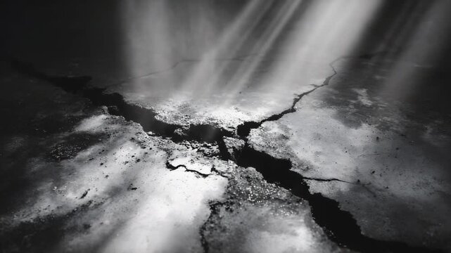 Cracked, parched ground with a jagged fissure and rays of light streaming down from above.