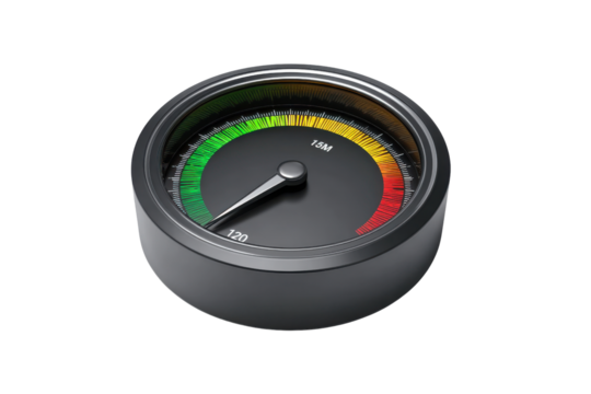 Black gauge with green yellow red indicator needle pointing to 120 meter dial, Png, Isolated on Transparent Background, Cut Out