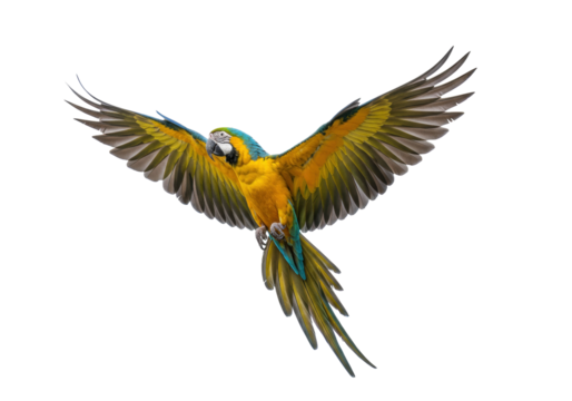 Isolated blue-and-gold macaw spreading its wings in flight, vibrant plumage, exotic bird