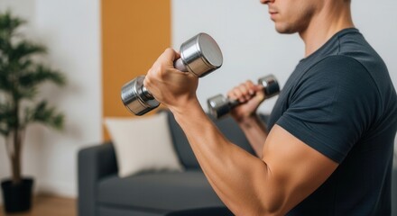 A man exercising with dumbbells at home
