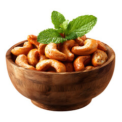 Delicious Roasted Cashew Nuts with Fresh Mint Leaf in Wooden Bowl