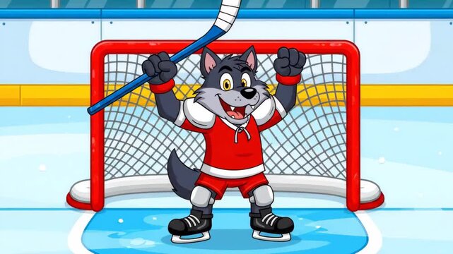 Animated wolf in red hockey uniform joyfully raises stick after scoring, capturing the thrill of the game with bright colors and energetic atmosphere