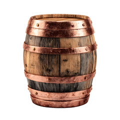 Rustic Wooden Barrel with Copper Bands Isolated on White Background for Home Decor and Design Projects