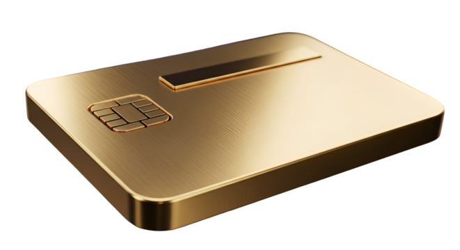 3d icon of closeup of a golden credit card isolated on transparent background, representing wealth, luxury, and financial security