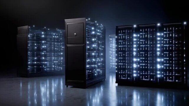 Rows of glowing server racks in a data center.