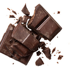 Scattered Broken Dark Chocolate Pieces on White Background